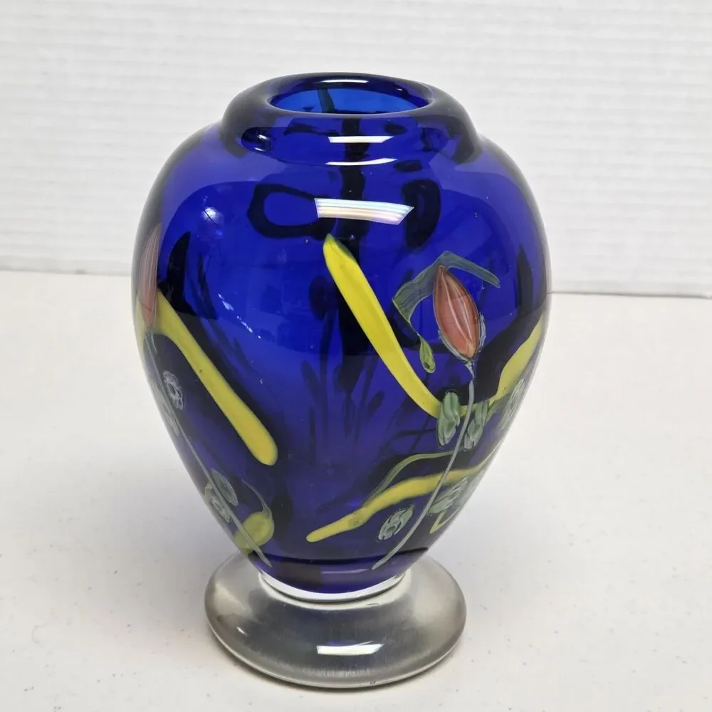 VTG Kusak Art Glass Paperweight Pedestal Vase Cobalt Blue with Cased Flowers 6” - Picture 3 of 11